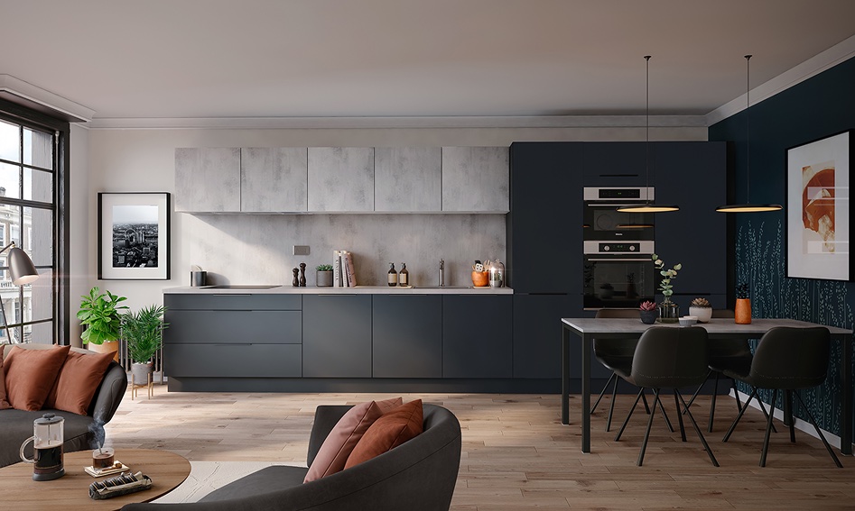 Contemporary kitchen and lounge with dark cabinetry and rust accent cushions
