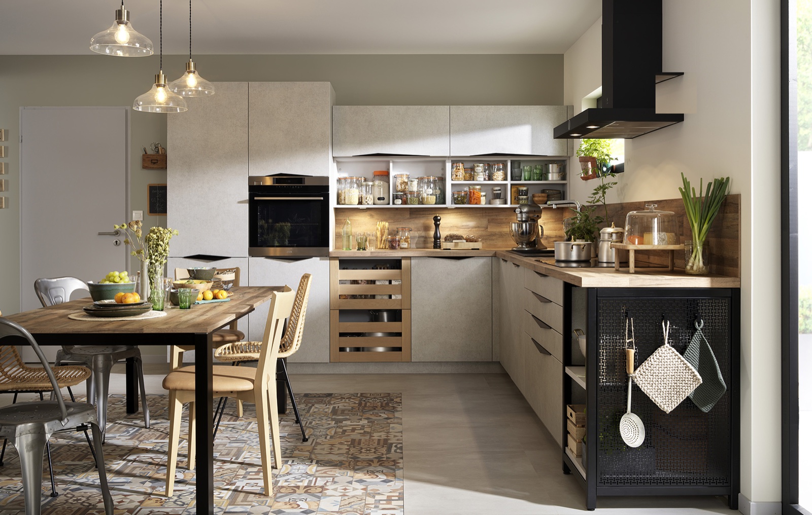 Contemporary Calm kitchen with warm wood surfaces, pendant lights, and textured cabinetry